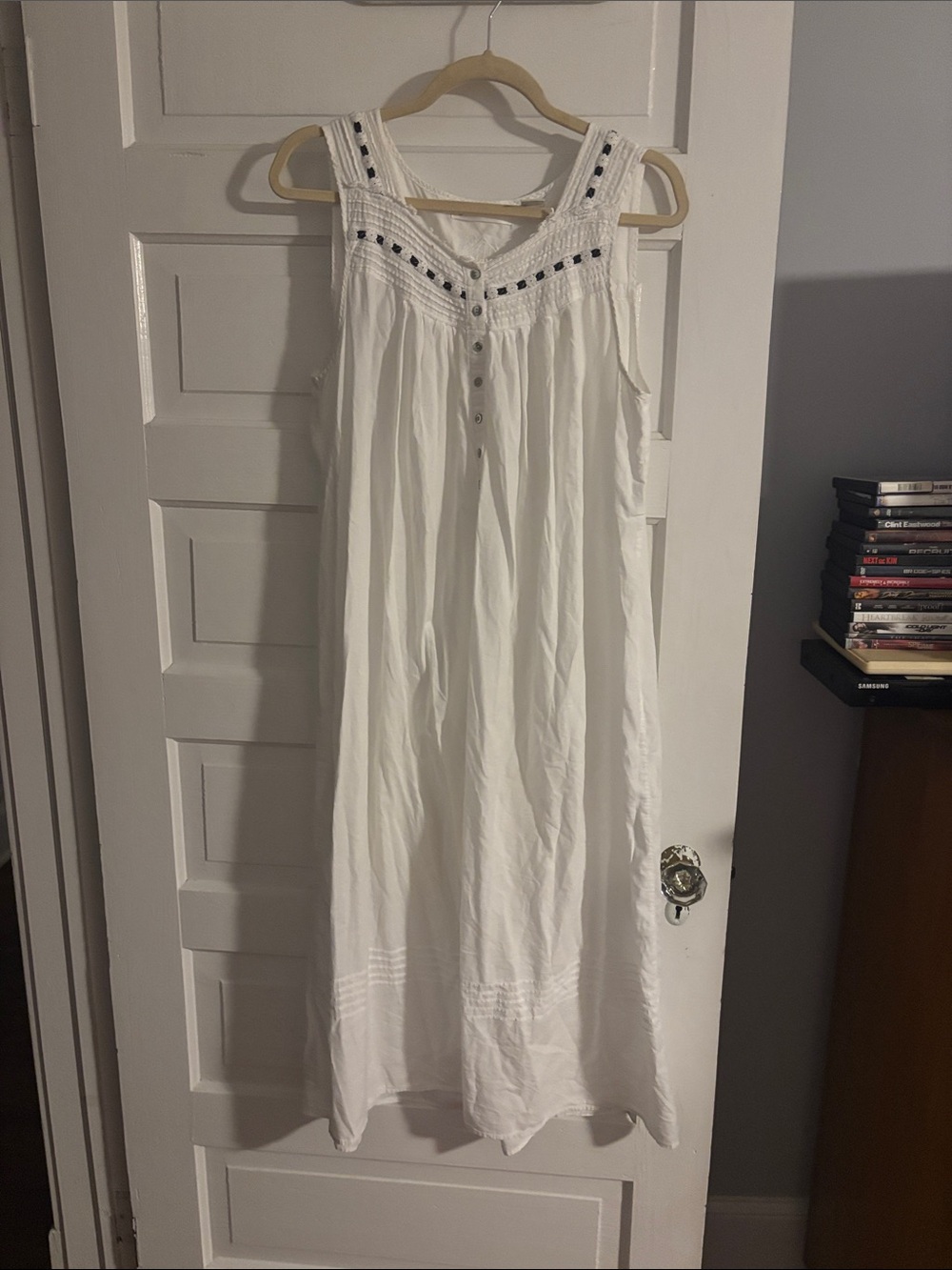 White Cotton Sleeveless Nightgown with Embroidered Yoke